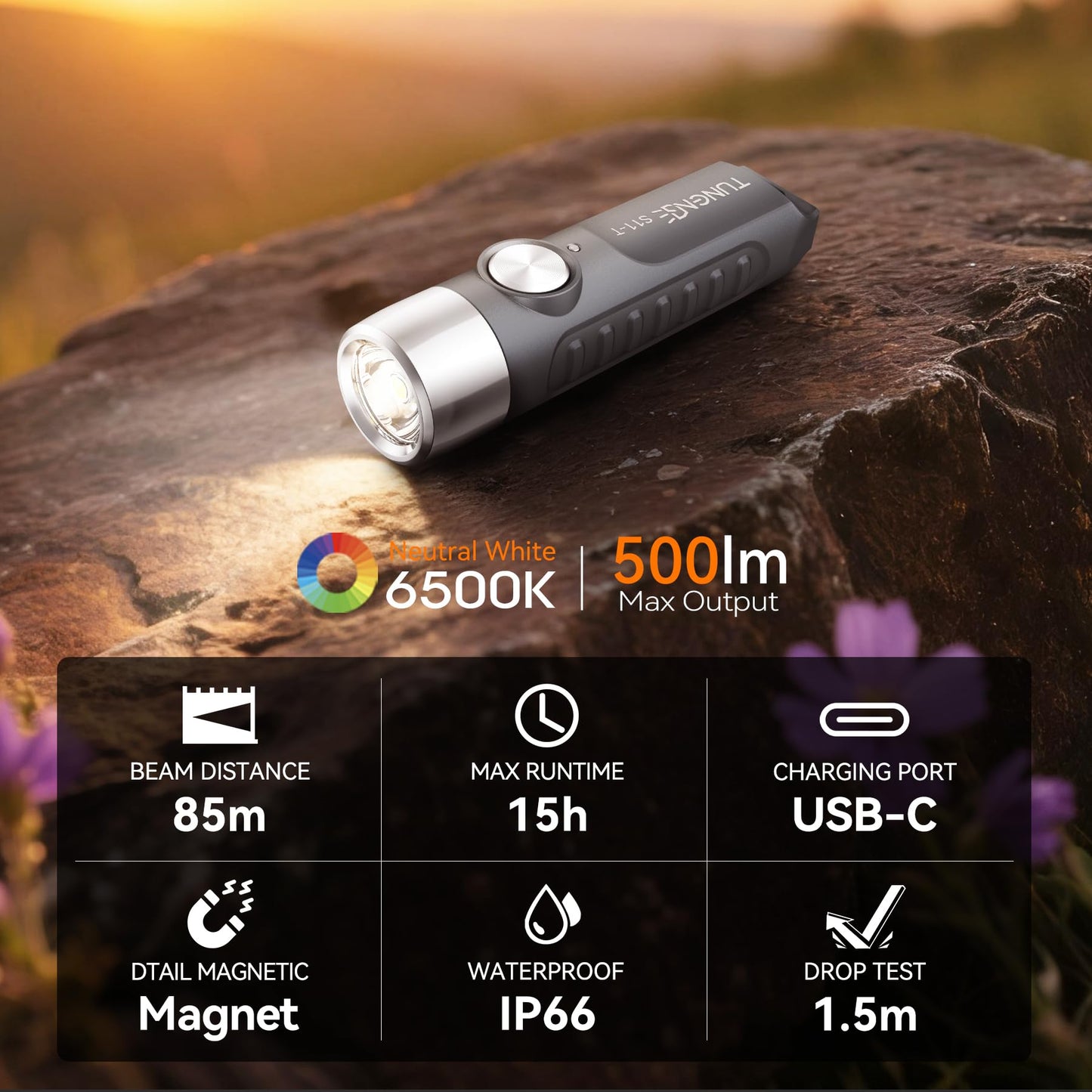 TUNENGE S11-T Rechargeable Keychain Flashlight, 500 High Lumens EDC Mini Flashlight with Magnet, LED Pocket Light Suitable for Outdoor, Camping, Hiking-Grey