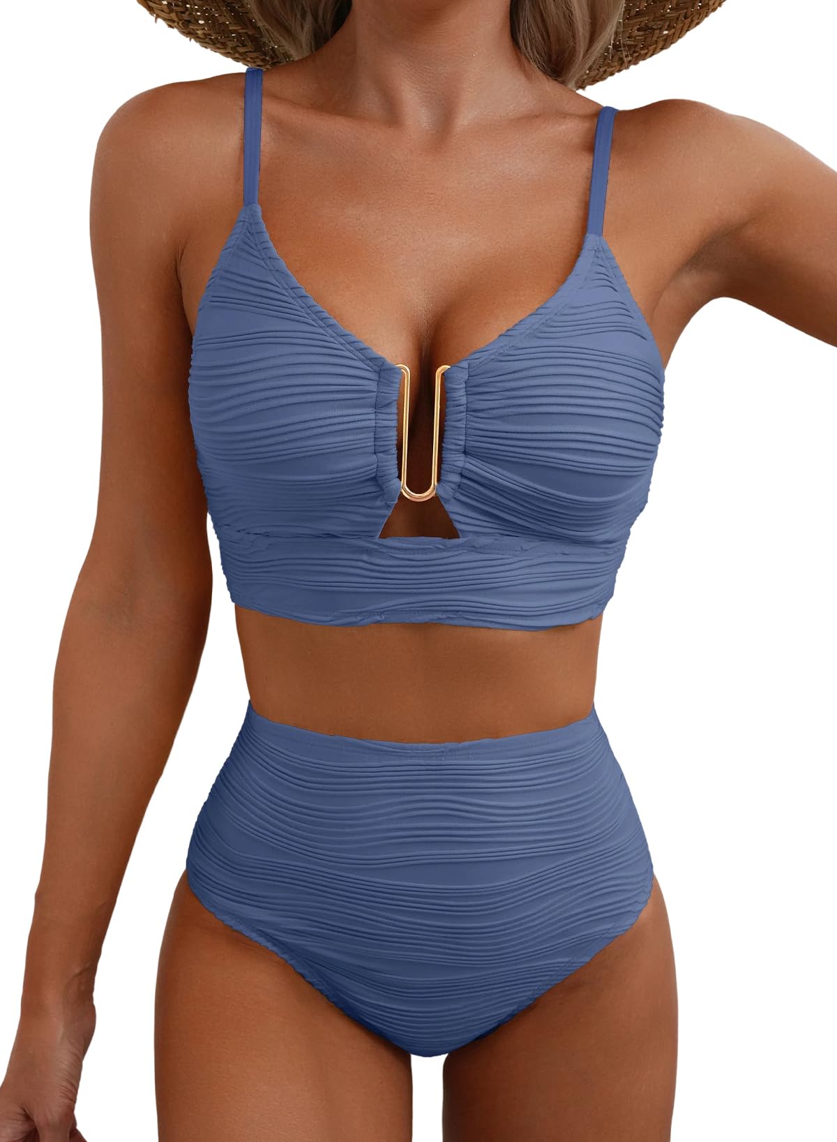 Herseas Women Popular Bikini Sets 2 Piece 2026 Vacation Essentials Cutout High Waisted Bathing Suit Push Up Supportive Swimsuit Textured V Neck Swimwear Sky Blue XX-Large