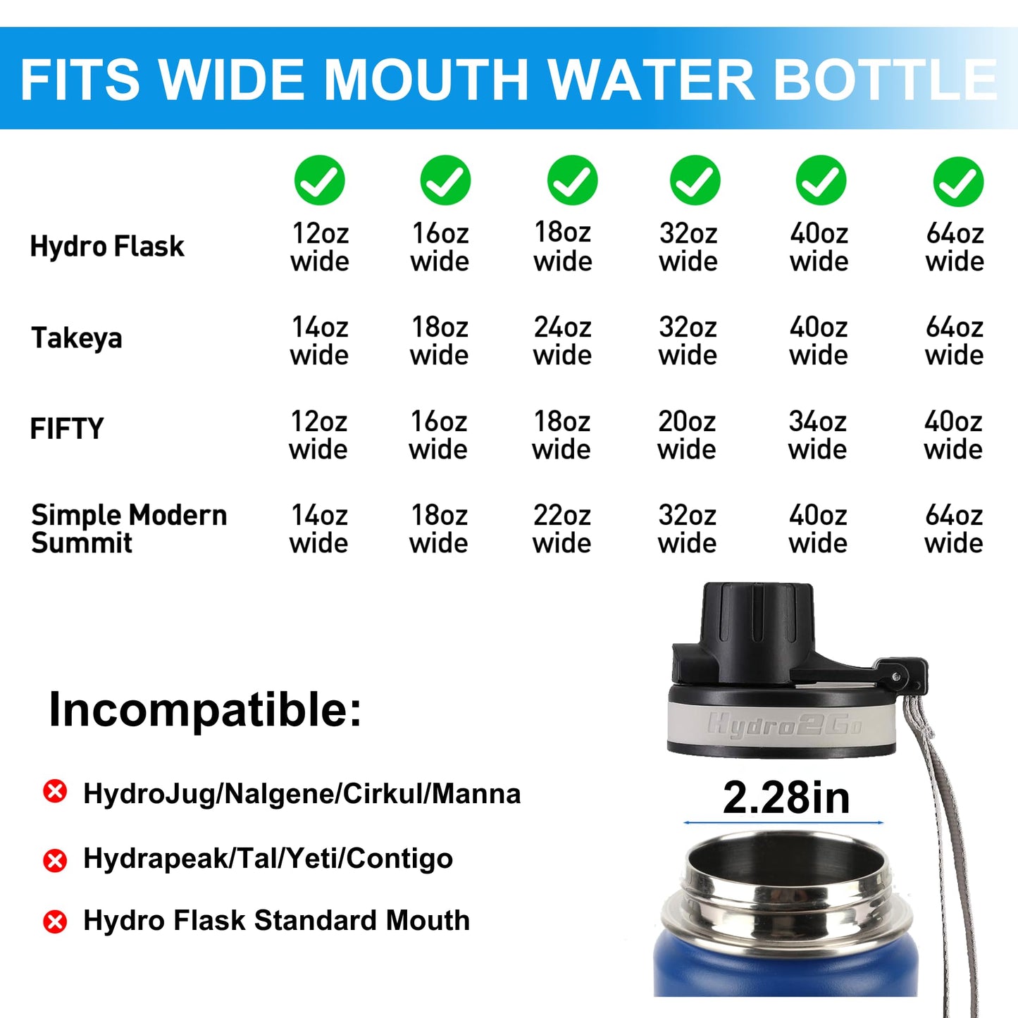 Flip Lid for Hydro flask Wide Mouth 12, 16, 18, 32, 40, 64 oz Water Bottles, Spout Lid for Hydroflask, Thermoflask and Other Sports Water Bottles with Button Lock, Easy Carry, Leak Proof
