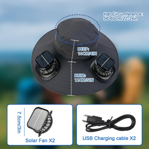 UPF 50+ Outdoor Wide Brim Sun Hat with Built-in Solar Fan - Ideal Fishing & Beach Bucket Hat for Men and Women Black
