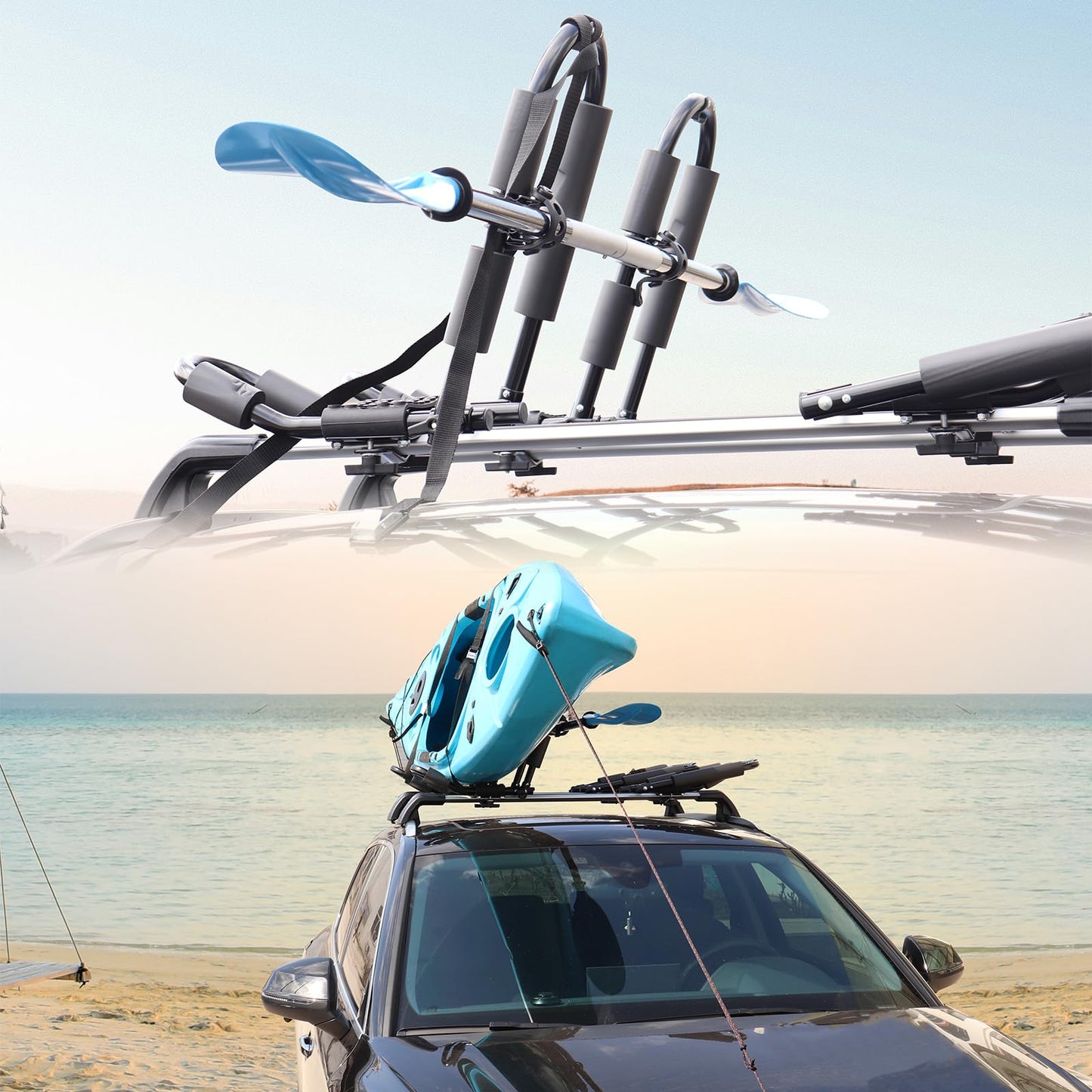 FORWODE 1 Pair Kayak Roof Rack, 2 in 1 Aluminum Folding J-Bar Roof Rack with 1 Set Ratchet Tie Straps for Kayak Canoe Boat Surf Ski on SUV Car Truck Crossbar