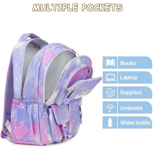 HuiLeo Kids Backpack for Girls Cute School backpack with Lunch Box Kawaii Book Bag Set for Primary Elementary School,Purple
