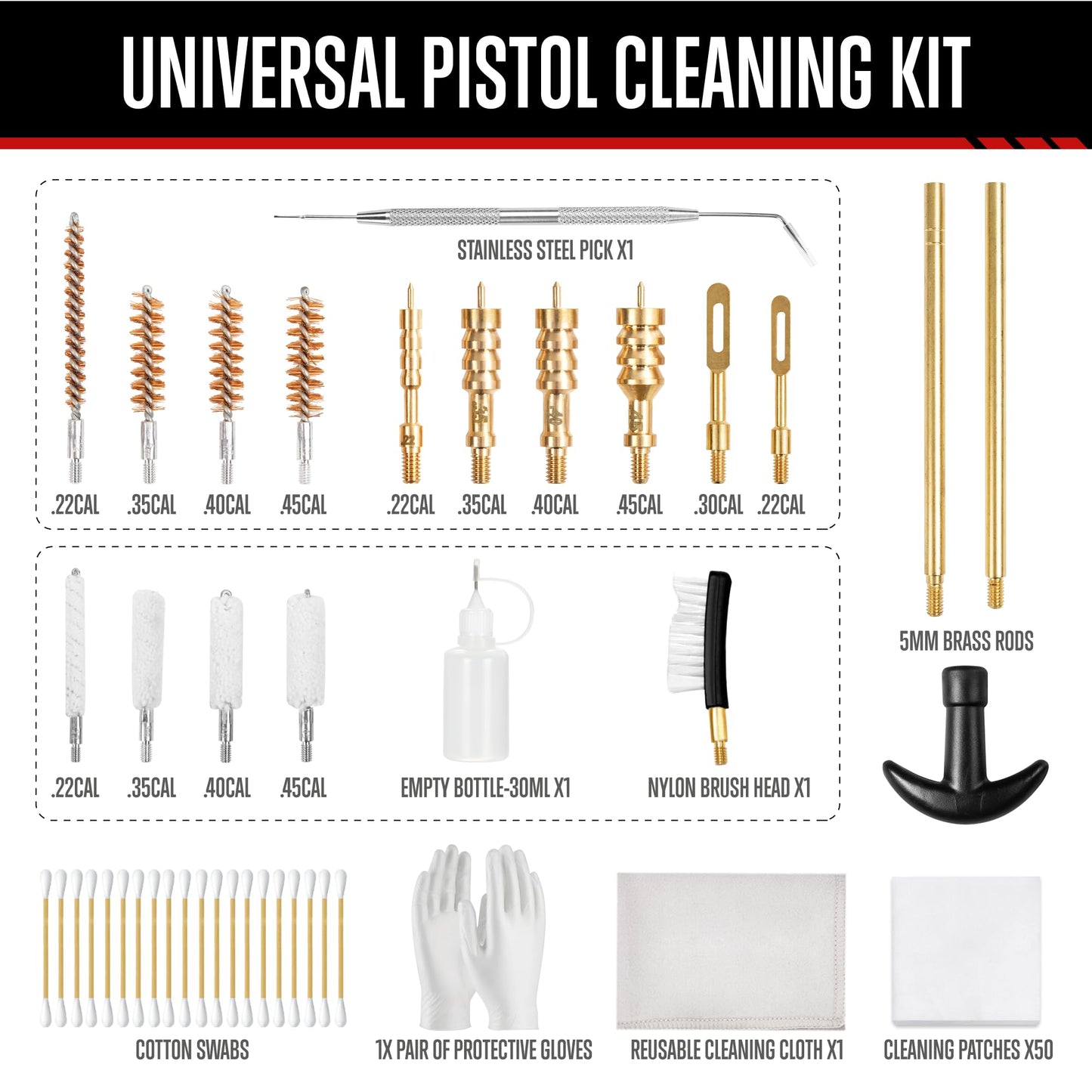 GLORYFIRE Gun Cleaning Kit Fits .22 .357/9mm .38 .40 .45 Cal Handguns & Pistols Compact Carrying Case Multiple Styles with Brass or Plastic Jags & Tips for Shooting and Range (Elite Jet)