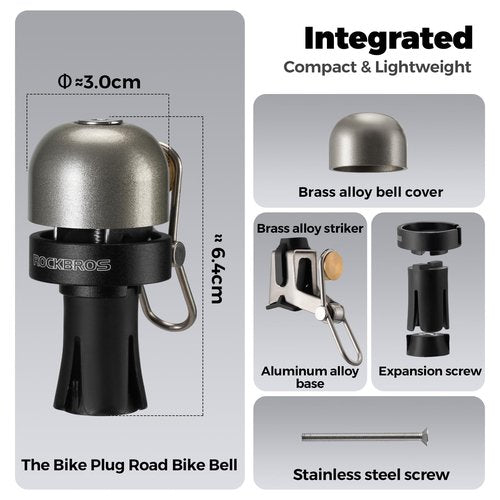 ROCKBROS Bike Bell Copper Alloy Bicycle Bell Road Bike Bells for Adults with 100dB Lound Sound and Fit for 0.87in/22.2 mm Bicycle End Plug