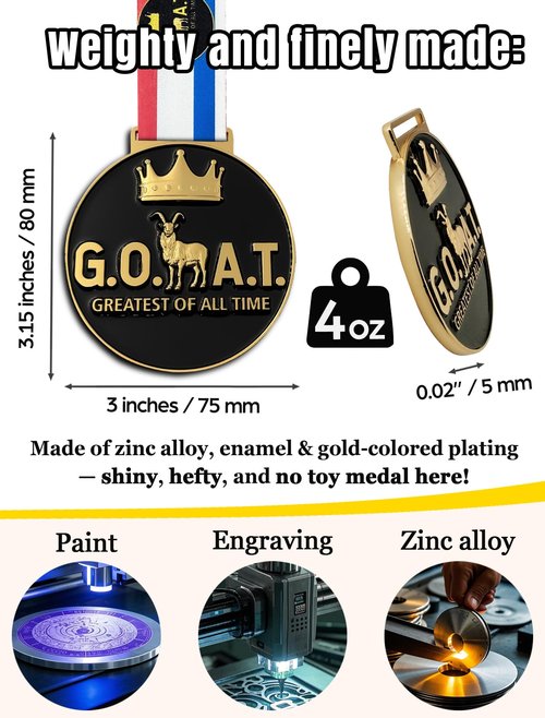 BSTWARM Goat Medal - 3' Heavy Duty Goat Necklace, Double-Sided 3D Engraved Championship Trophy for Sports Awards, MVP Gifts & Collections