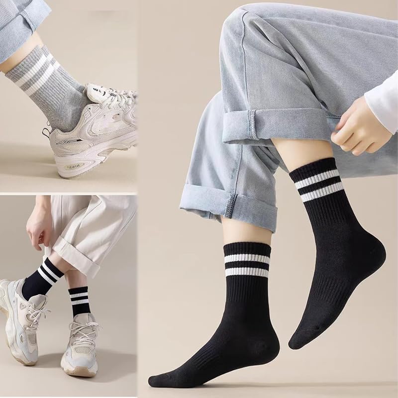Unisex Striped Crew Socks 12 Pairs - Cotton Mid Crew, Size 5-9