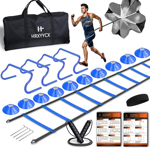 HRXYYCX Agility Ladder Speed Training Equipment Set-20ft Agility Ladder 4 Adjustable Hurdles Running Parachute Jump Rope Speed Training Equipment for Soccer Football Basketball