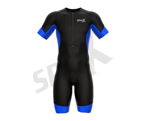 Sparx Men's Elite Sleeved Triathlon Suit Short Sleeve Trisuit SpeedSuit Skinsuit Swim-Bike-Run (Medium, Black/Blue)