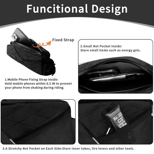 HUNTVP Top Tube Bike Bag Waterproof Bicycle Front Frame Bag Bolt on Top Tube Bags Cycling Frame Bags Pouch for Mountain Gravel MTB Road Bike Accessories, Black-1.2L