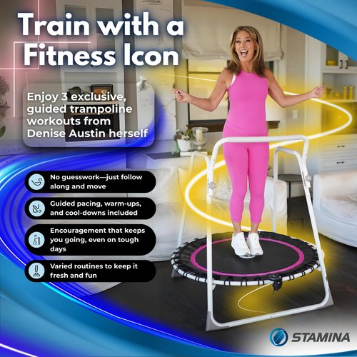 Denise Austin Home Fitness Trampoline – 44” Rebounder with Handlebar for Adults, Low Impact Cardio with Silent Elastic Resistance Bands – Balance, Rehab & Home Workouts for Seniors & Beginners