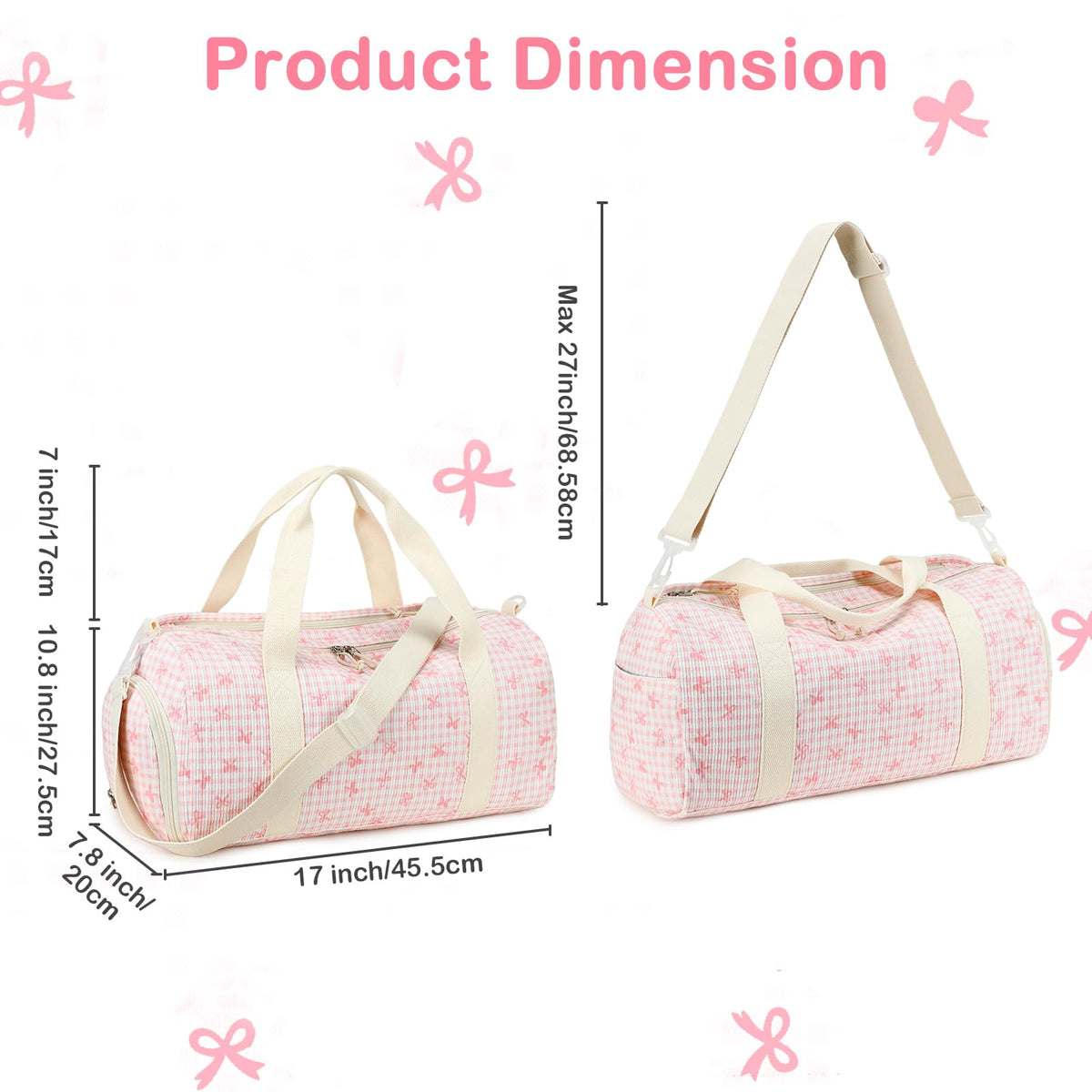 LEDAOU Kids Duffle Bag Girls Overnight Travel Sport Gym Bag Weekender Carry On Shoulder Dance Bag with Shoe Compartment & Wet Pocket (Pink Bow Checkered)