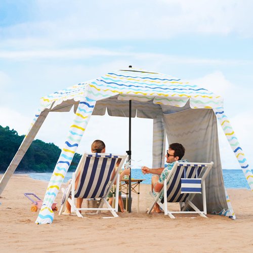 Beach Cabana - 6FT Beach Umbrella with UPF 100+ UV Protection & Sunshade Curtain - Waterproof Tent - Portable Shade, Easy to Set Up, Perfect for Family & Friends (Color Stripes)