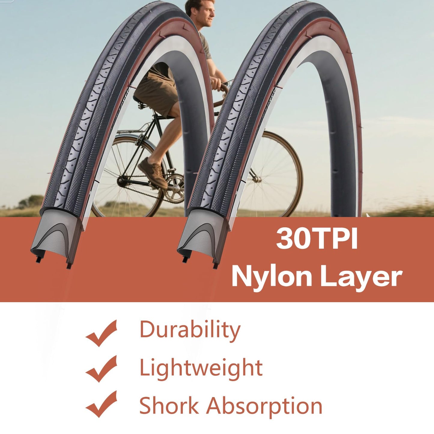 2-Pack 27x1 1/4 (32-630) Gumwall Road Bike Tires with 2 Tire Levers - Compatible with 27x1.25, 27x1 1/4 Bicycle Tires