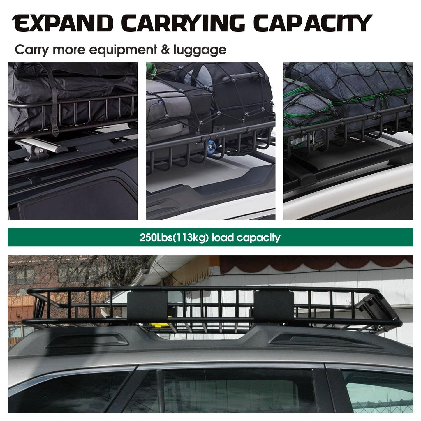 FORWODE 250LBS Universal Roof Rack Basket, 64"x39"x6" Rooftop Cargo Carrier Rack + Waterproof Cargo Bag 15 Cubic Feet(43"x34"x17")