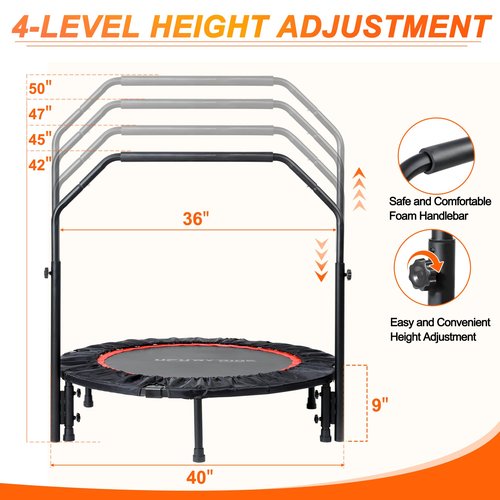 40"/48" Foldable Mini Trampoline for Adults 450/600 LB Rebounder Trampoline with Adjustable Foam Handle for Home Gym Small Exercise Trampoline for Indoor or Garden Workout