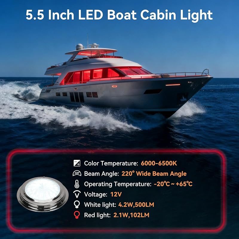 5.5 Inch 12V Dual-Color LED Boat Dome Light with Toggle Switch - White & Red