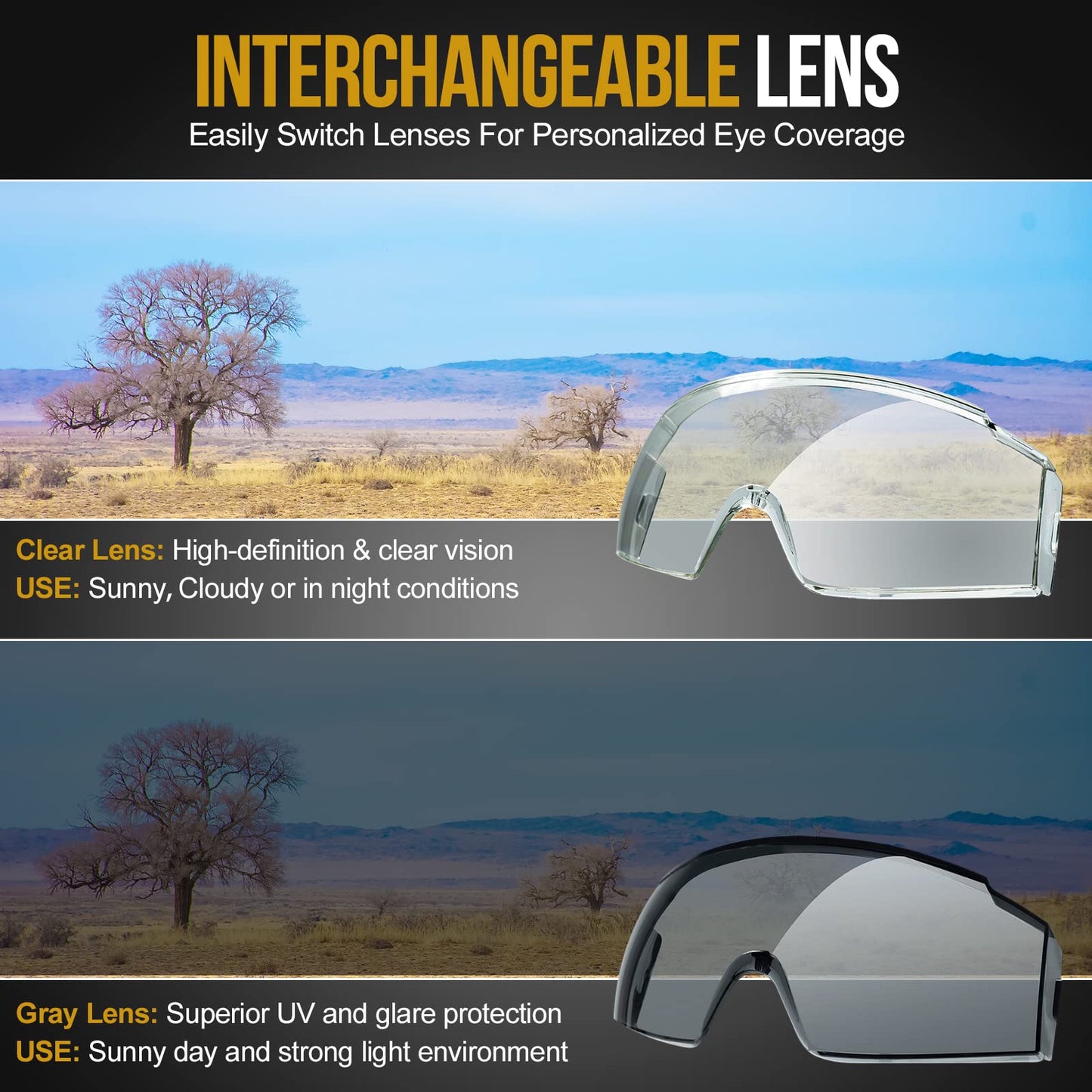 ONETIGRIS Tactical Goggles Over Glasses, Anti Fog Tactical Eyeglasses, Safety OTG Goggles Protection with Interchangeable Len