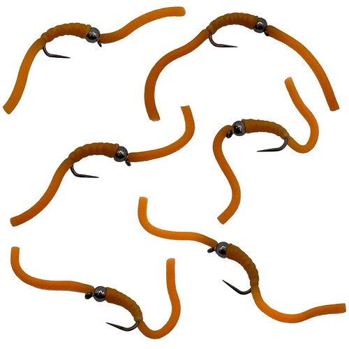 Thor Outdoor 6 Pc Squirmy Wormy Set, Tan Size #14 - Barbless Wet Worm Fly Fishing Flies for Trout, Panfish, Bass