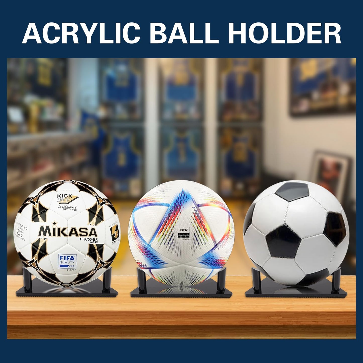 Frtrche Ball Display Stand with Anti-slip Mat, 1.3inch Pegs Acrylic Sleek Holder for Different Size Basketball, Soccer Ball, Football, Sturdy Memorabilia Display Case-Black