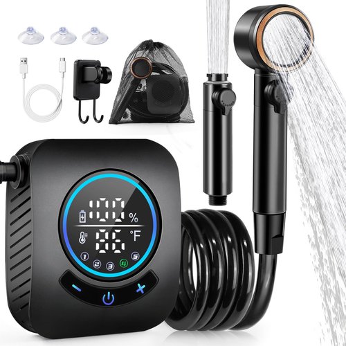 AUTOPkio Portable Shower, 8000mAh Rechargeable Camping Shower Pump with 5 Speed Modes, LED Display, IPX8 Waterproof, 10 L/min Electric Outdoor Shower Kit for Travel, Car, RV, Hiking, Beach, Pet