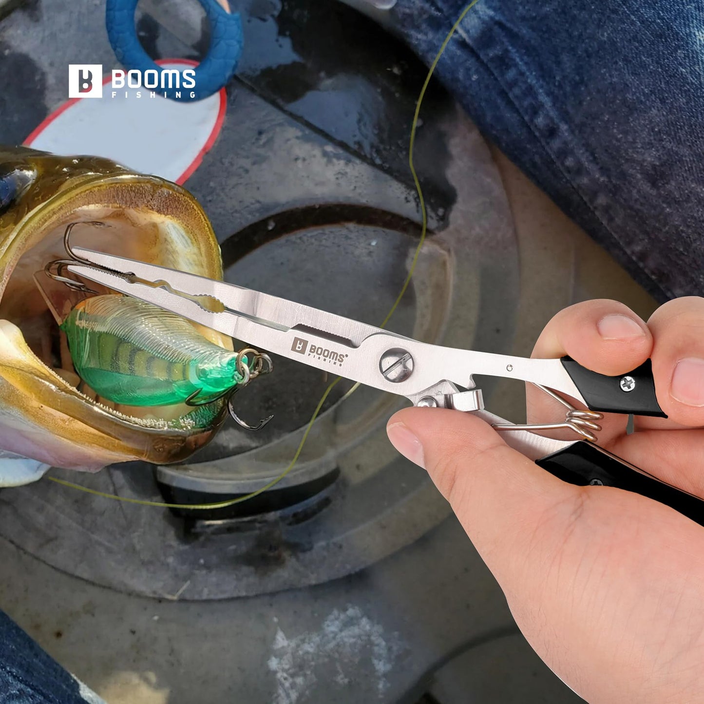 Booms Fishing Pliers Hook Remover: 8" Long Nose Fish Pliers Stainless Steel for Saltwater - Braid Line Cutters with Coiled Lanyard and Safety Lock Design, Multi-Function Fishing Tool For Men, H06