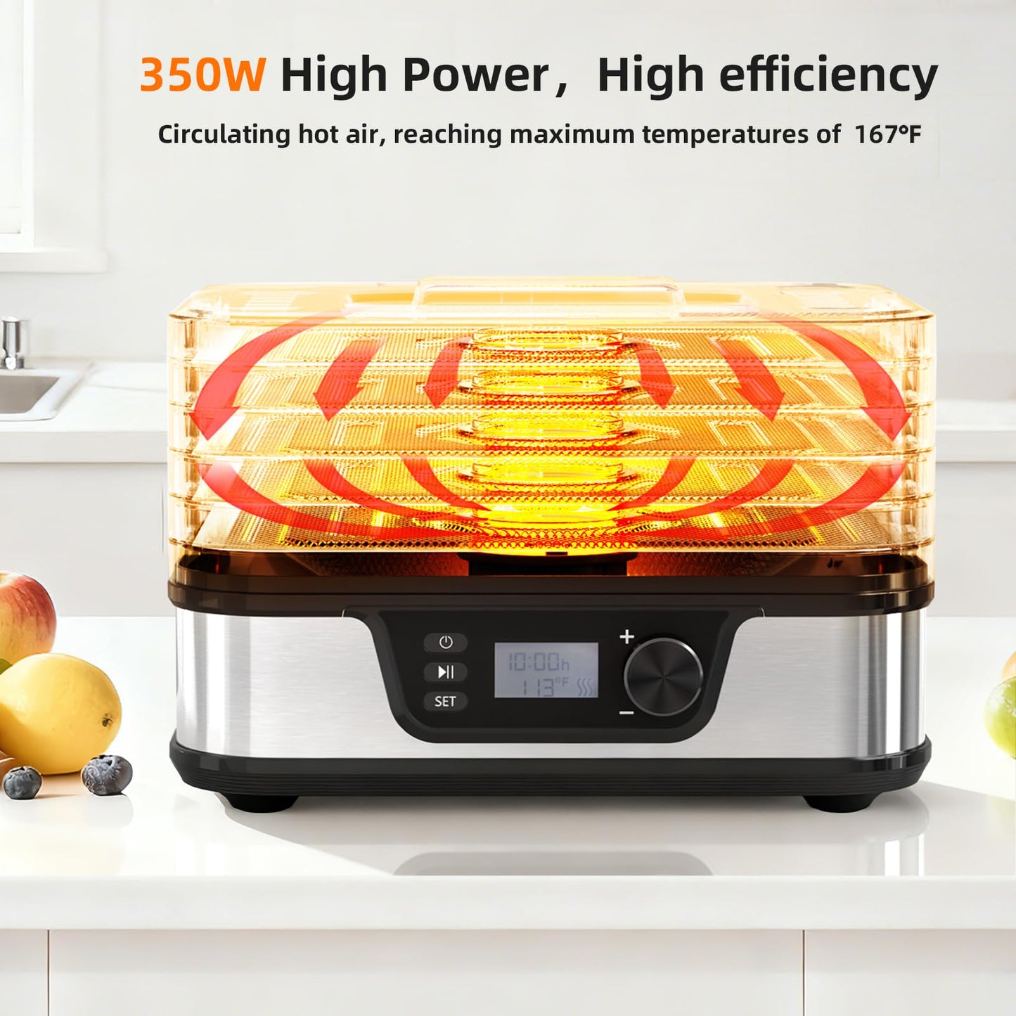 Kndko Food Dehydrator 350W Machine With Digital Adjustable Temperature and 72H Timer,5 BPA-Free Stainless Steel Trays for Fruits Vegetables and Meat