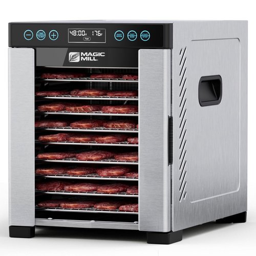 Magic Mill Pro Food Dehydrator Machine | 10 Stainless Steel Trays | Dryer for Jerky, Dog Treats, Herb, Meat, Beef, Fruit | Keep Warm Function, Digital Timer and Temperature Control, ETL Approved (Renewed)