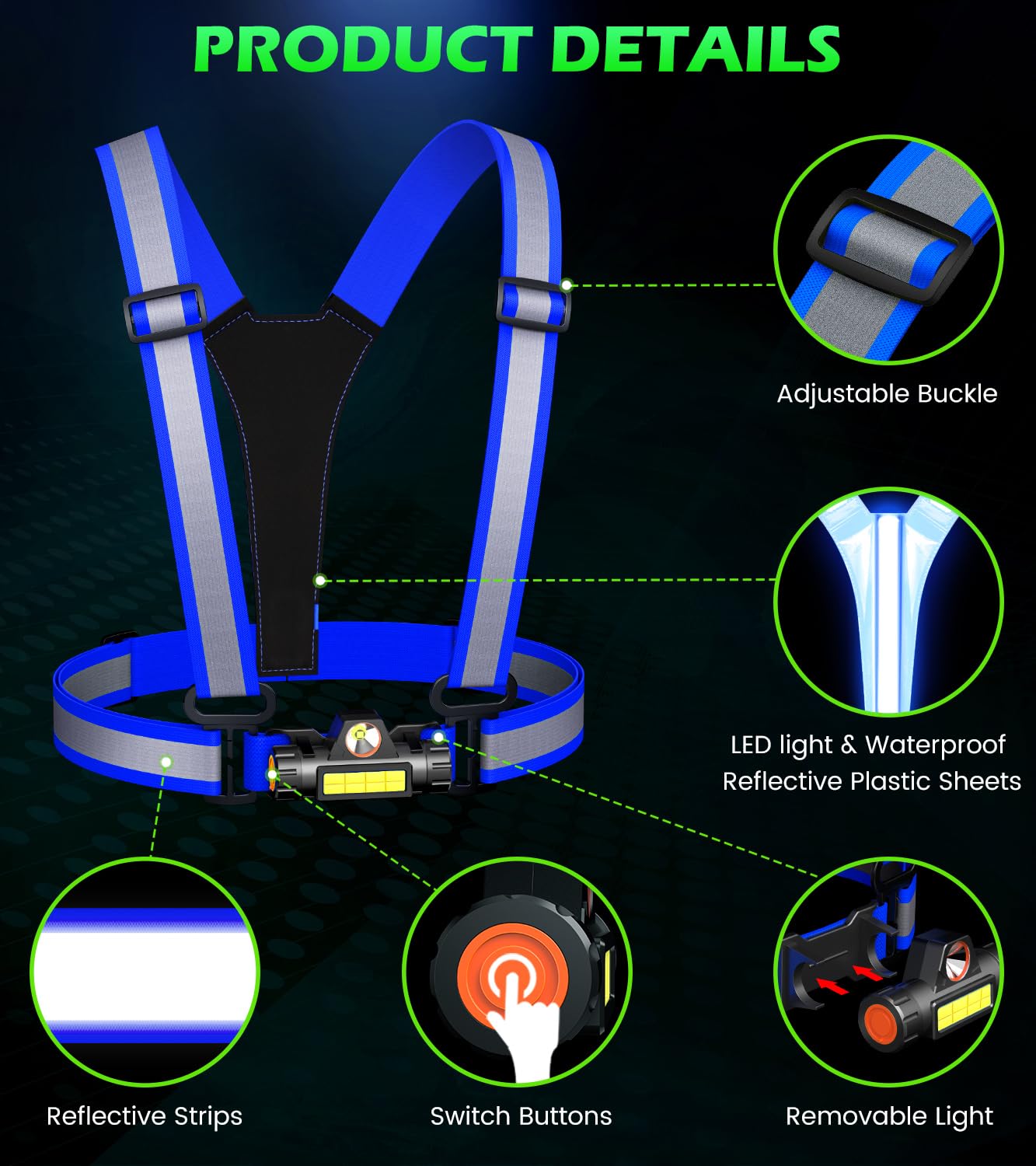 Hoeraonr Running Lights for Runners,90°Adjustable LED Reflective Vest Running Gear,Rechargeable Chest Light Up Running Vest Night Walking Safety Gear for Night Walking/Cycling/Jogging (Blue)