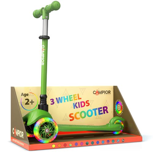 Campior Green Mini 3 Wheel Scooter for Kids ??Lean-to-Steer with LED Light-Up Wheels, Adjustable Handlebar, Wide Anti-Slip Deck, Smooth PU Wheels, Rear Foot Brake ??Toddler Scooter for Ages 2+