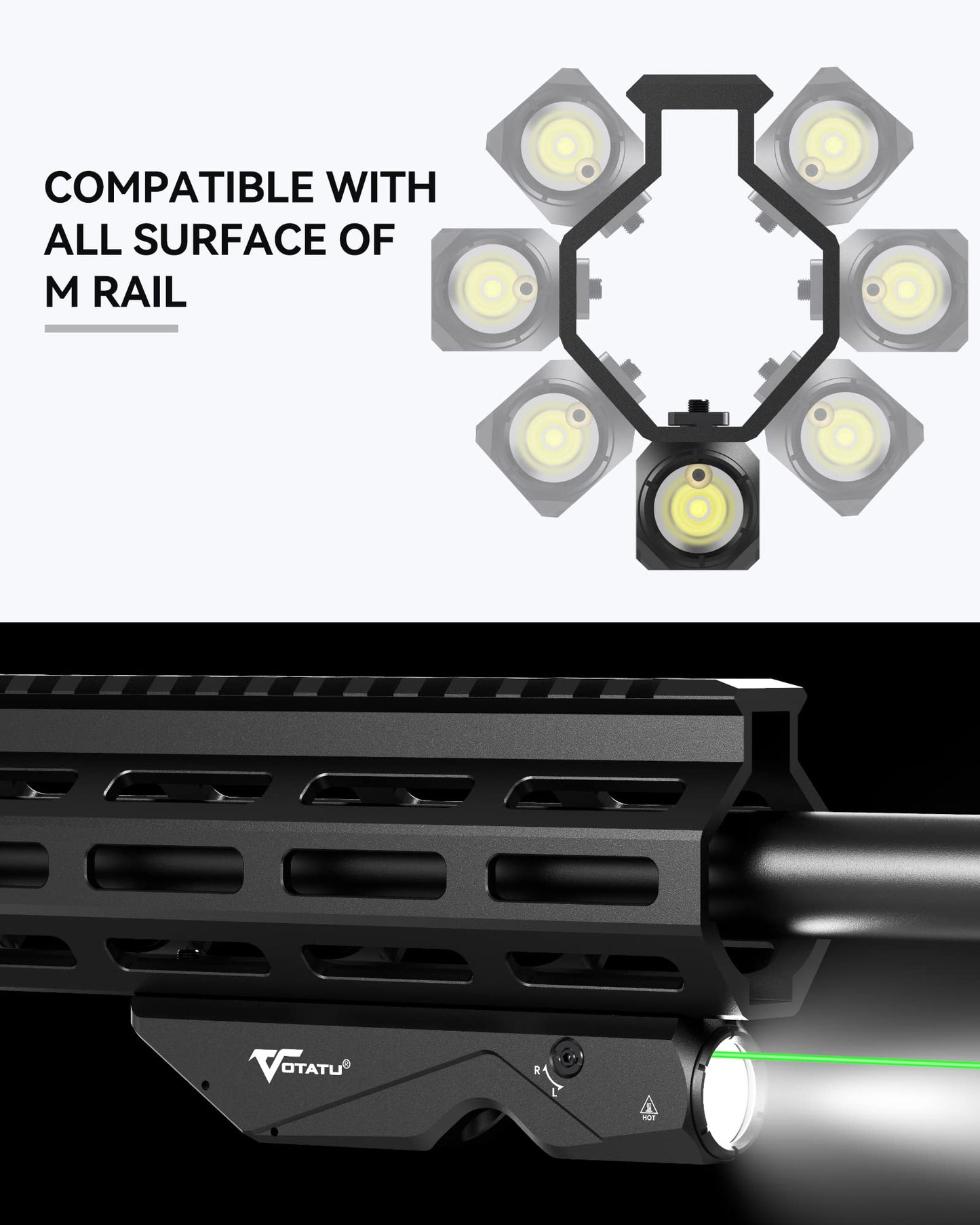 Votatu M9L-G Mini Light Laser Combo Compatible with M-Lok Rail Surface, 550 Lumens Tactical Flashlight and Green Laser Sight with Strobe Function for Rifle, Magnetic Rechargeable