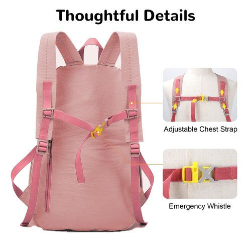 Outplea 25L Foldable Hiking Backpack for Men Women, Gym Backpack with Waterproof Pocket, Small Packable Collapsible Daypack for Travel, Pink