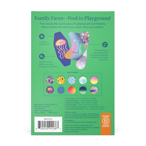 Welly Bandage Family Pack | Adhesive Flexible Fabric & Waterproof Bandages | Assorted Shapes and Patterns for Minor Cuts, Scrapes, and Wounds - 80 Count