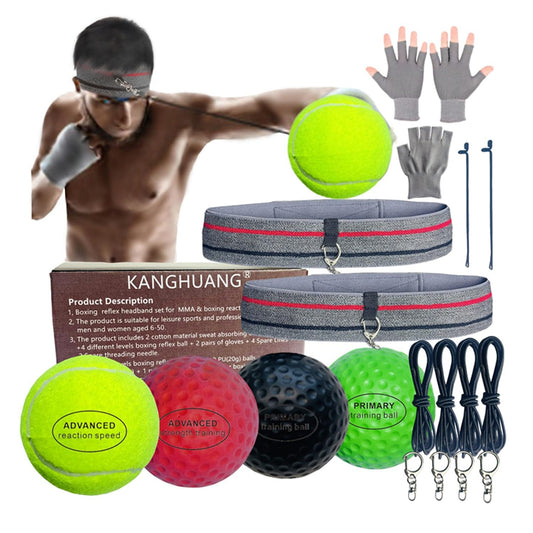 KANGHUANG Boxing Balls Headband Set for MMA Boxing Reaction Training 4 Different Levels Balls+2 Sweat Absorbing Headbands+4 Iron Buckle+4 Spare Lines+2 Spare Needle+2 Gloves for All People