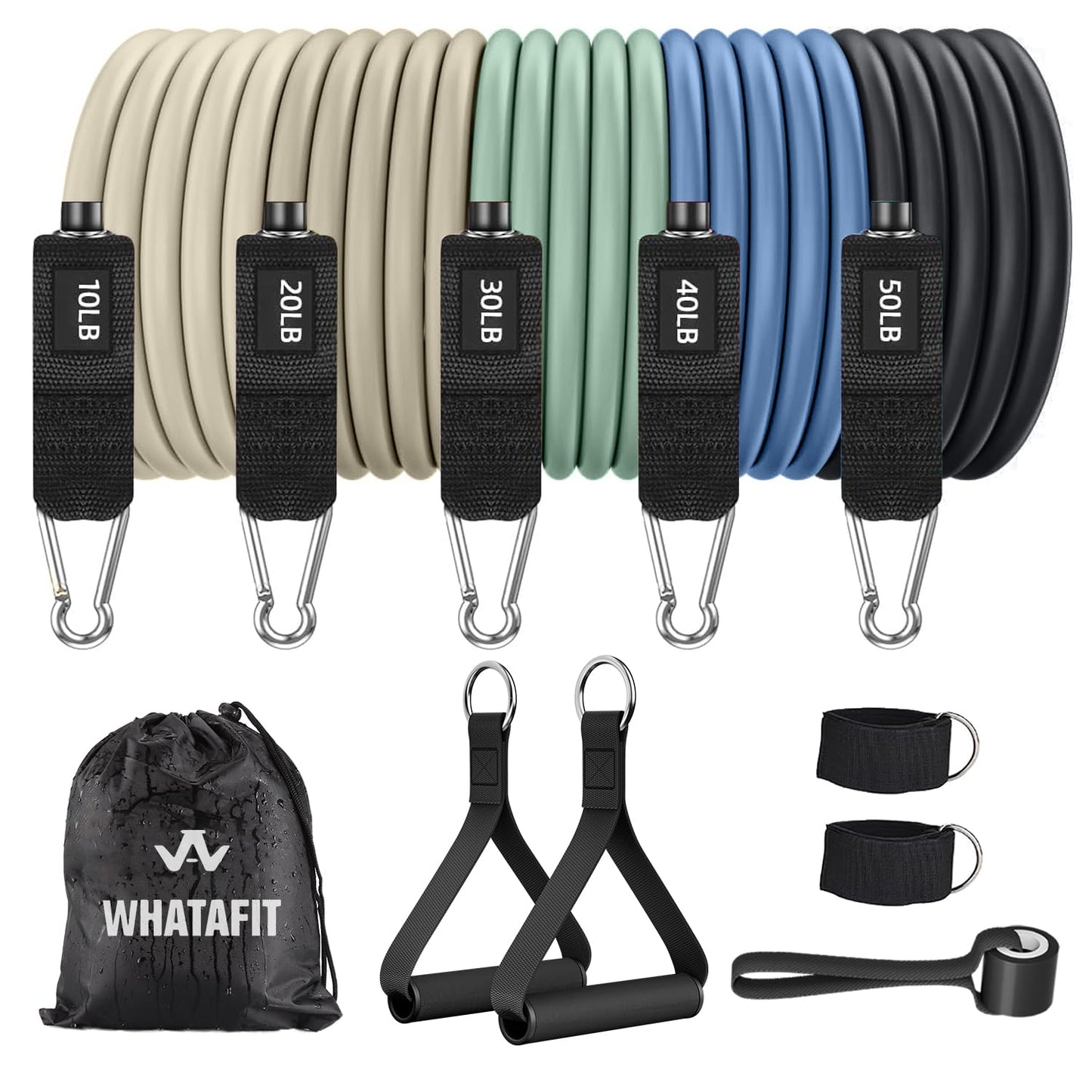 WHATAFIT Resistance Bands, Exercise Bands with Handles for Men and Women Fitness, Strength Training Home Gym Equipment, Green Blue