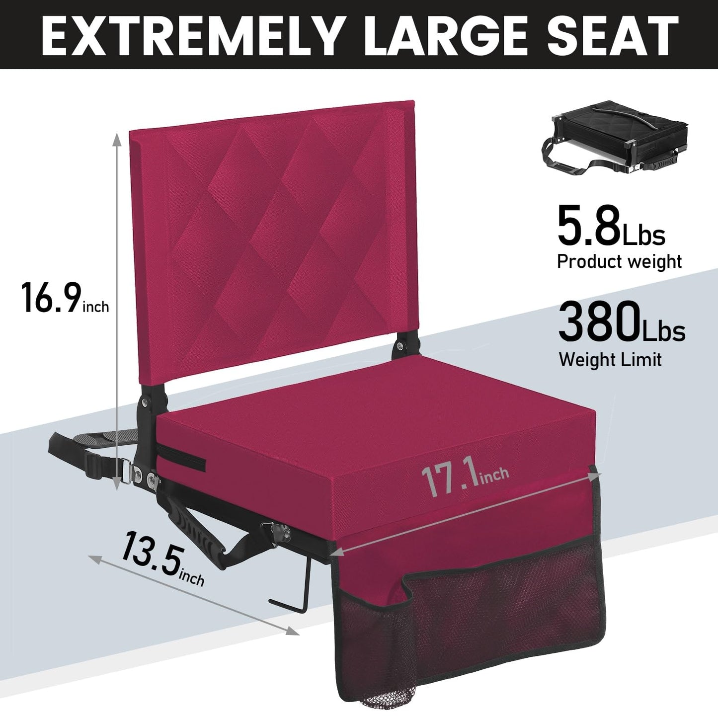 Sheenive Stadium Seats for Bleachers with Back Support, Bleacher Seats with Backs and Cushion Wide, Padded Portable Folding Comfort Stadium Chair with Shoulder Strap, Perfect for Sports Events, Maroon