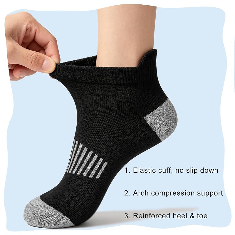 Bemeol Kids Socks 12 Pairs Ankle Socks for Boys 5-14 Years Black, White, Grey - 3 Sizes