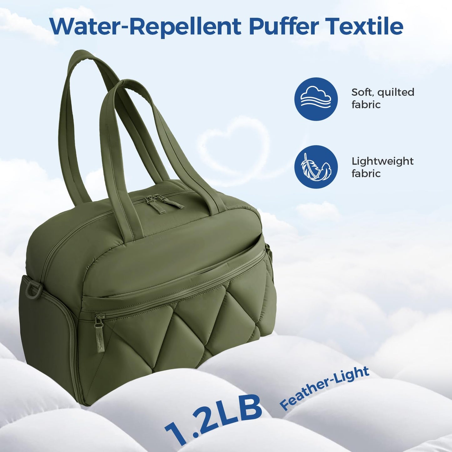 Lekespring Gym Bag for Women, Puffer Travel Duffle Bag With Shoes Compartment & Wet Pocket, Carry On Tote Bag For Weekender, Overnight, Sport duffel bags for traveling (Green, Medium)