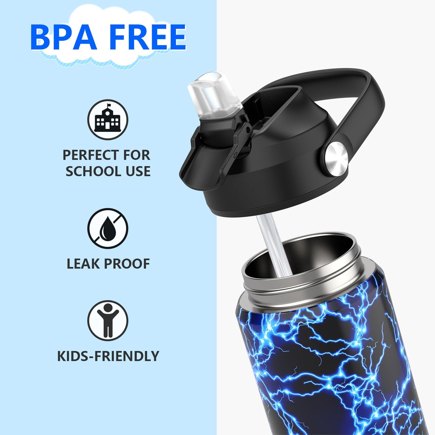 Monster Trucks Boys Water Bottle with Straw,18 oz Kids Insulated Cups with Stainless Steel Leak Proof for School,Sport&Travel