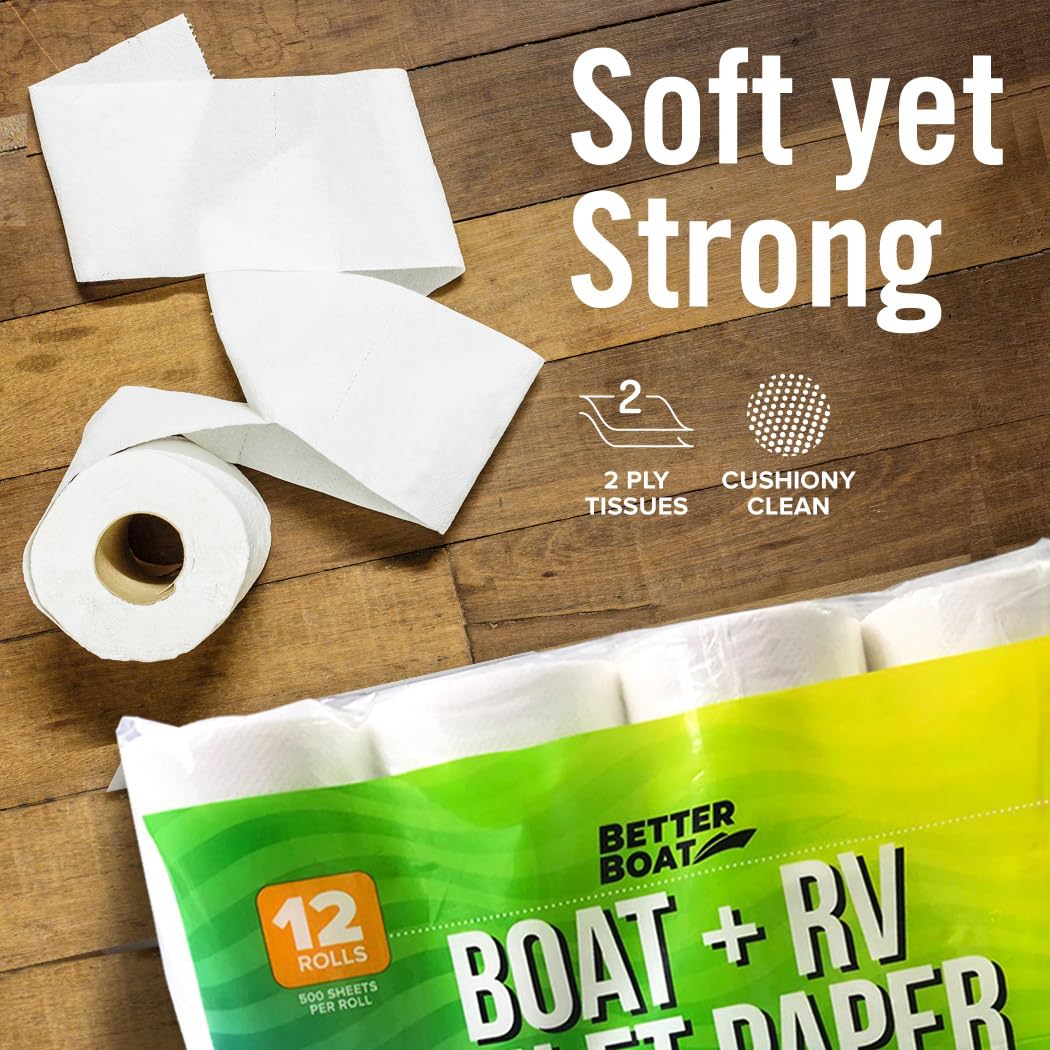 RV Toilet Paper 12 Rolls (500 Sheets Each) - Rapid Dissolving 2-Ply, Septic Safe for Camper & Marine, Individually Wrapped Camping Tissue - Better Boat