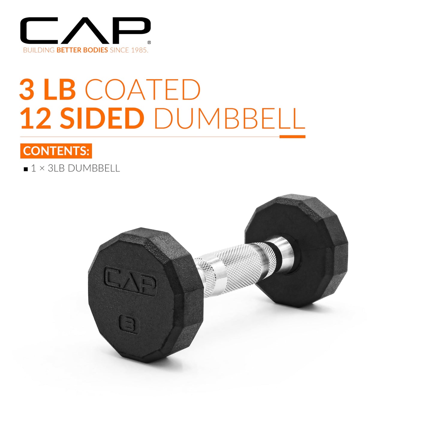 CAP 3 LB 12-Sided Rubber Coated Dumbbell Weight, Rubber Free Weights for Home Gym Strength Training, Chrome Handle, Single