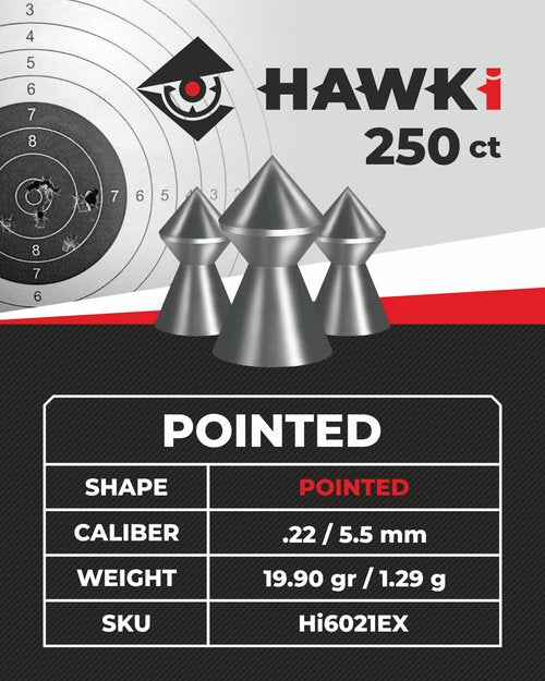 Hawki Airgun Pellets -.22/5.5mm Caliber (19.90gr/1.29 g) 250 ct Hi6021EX Pointed