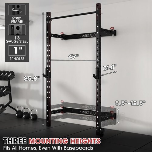 Mikolo 2" x 2" Folding Wall Mounted Squat Rack, 1000 Pounds Capacity Power Rack with Pull Up Bar, J Hooks, Landmine and Other Attachments, Space-Saving Home Gym(Black