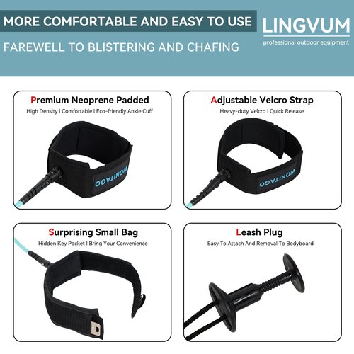 LINGVUM 4 ft Bodyboard Leash – 7mm Thick Coils Wrist Bodyboard Leash with Plug for Bodyboarding (Green)
