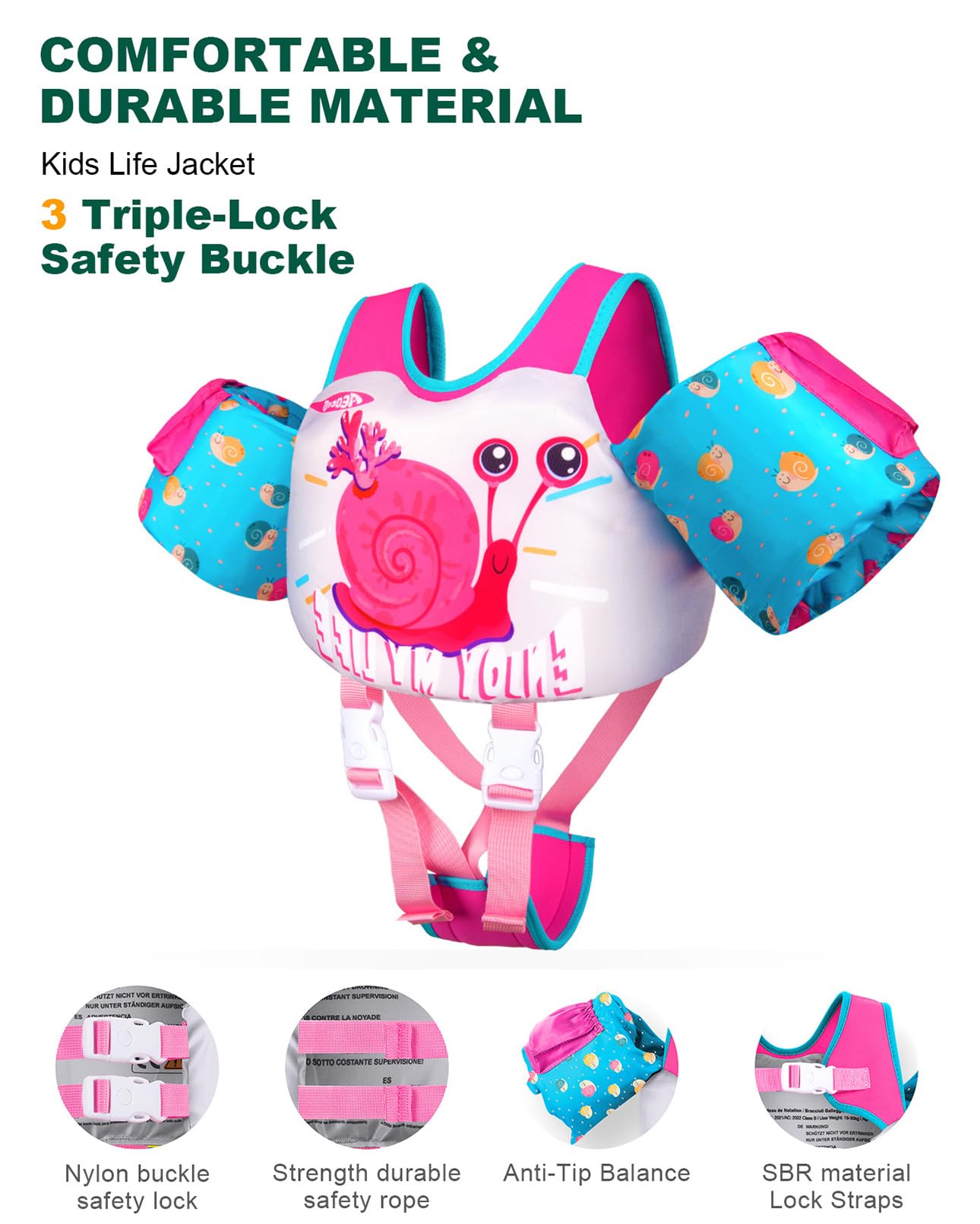 Toddler Swim Vest for 2-7Y, 20-50 lbs, Kids Floaties with Shoulder Harness & Adjustable Crotch Strap & Arm Water Wings for Boys and Girls, Snail
