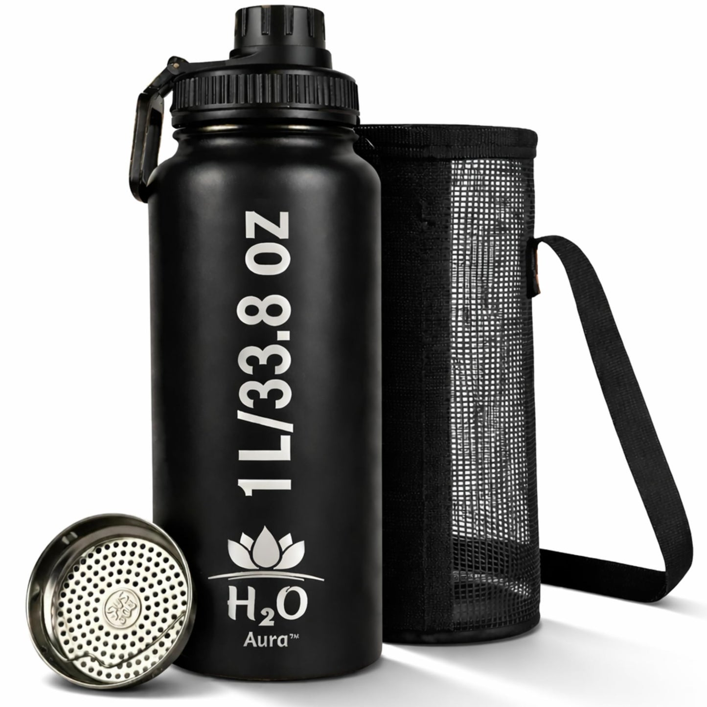 Premium 1 Liter Water Bottle (33.8 oz) with Carrying Case & Strap - Double Wall Vacuum Insulated Stainless Steel Water Bottle - Leakproof Lid, Wide Mouth, BPA-Free, Removable Strainer – Black