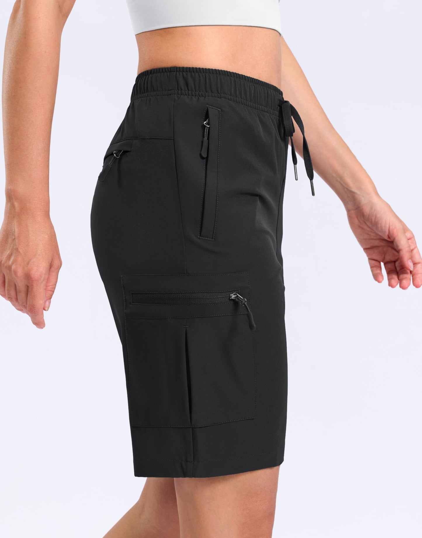 SANTINY Women's 7"/9" Lightweight Hiking Cargo Shorts with 5 Zipper Pockets Quick Dry Summer Long Travel Golf Short for Women (Black_XL)