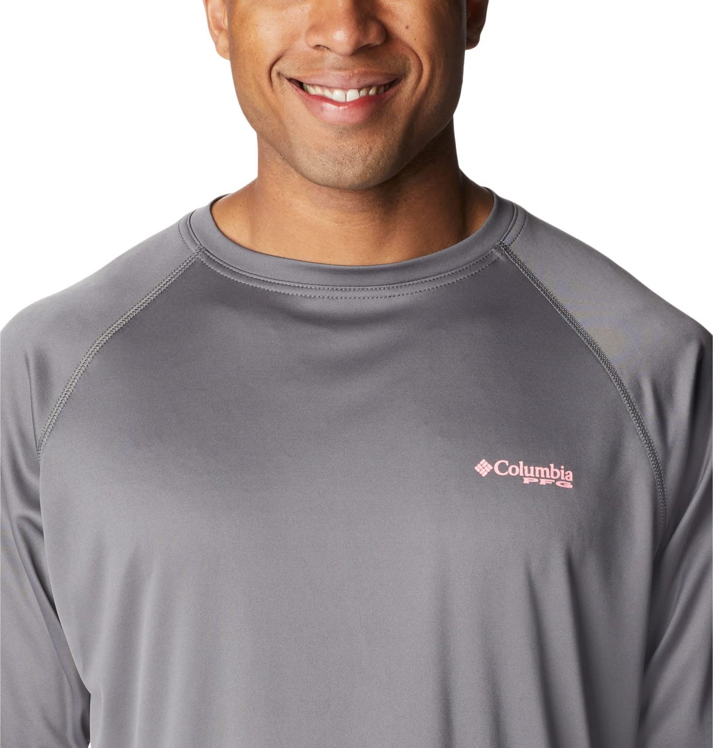 Columbia Men's Terminal Tackle Long Sleeve Fishing Shirt, City Grey/Pink Pop Logo, Medium