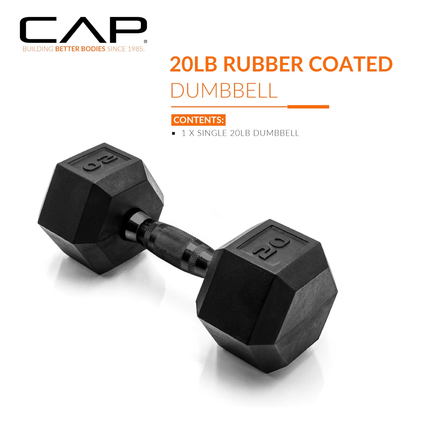 CAP 20 LB Rubber Coated Hex Dumbbell Weight, Rubber Free Weights for Home Gym Strength Training, Black Oxide Handle, Single