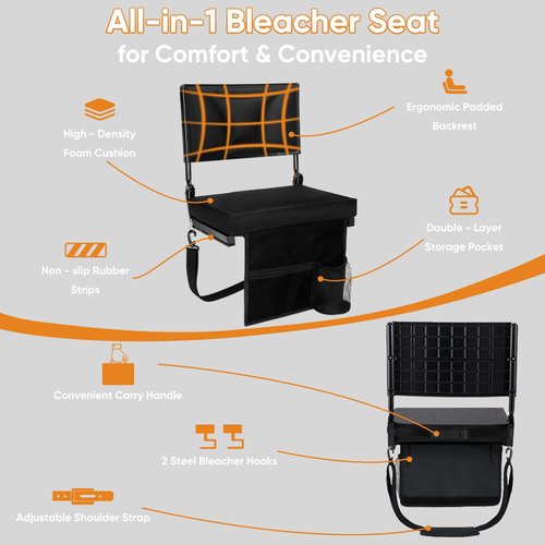 veook Adjustable Stadium Seats with Back Support – Padded Bleacher Chairs with Back and Cushion, Folding Portable Wide Bleacher Seat with Storage Pockets & Cup Holder – Support Up to 350 lbs