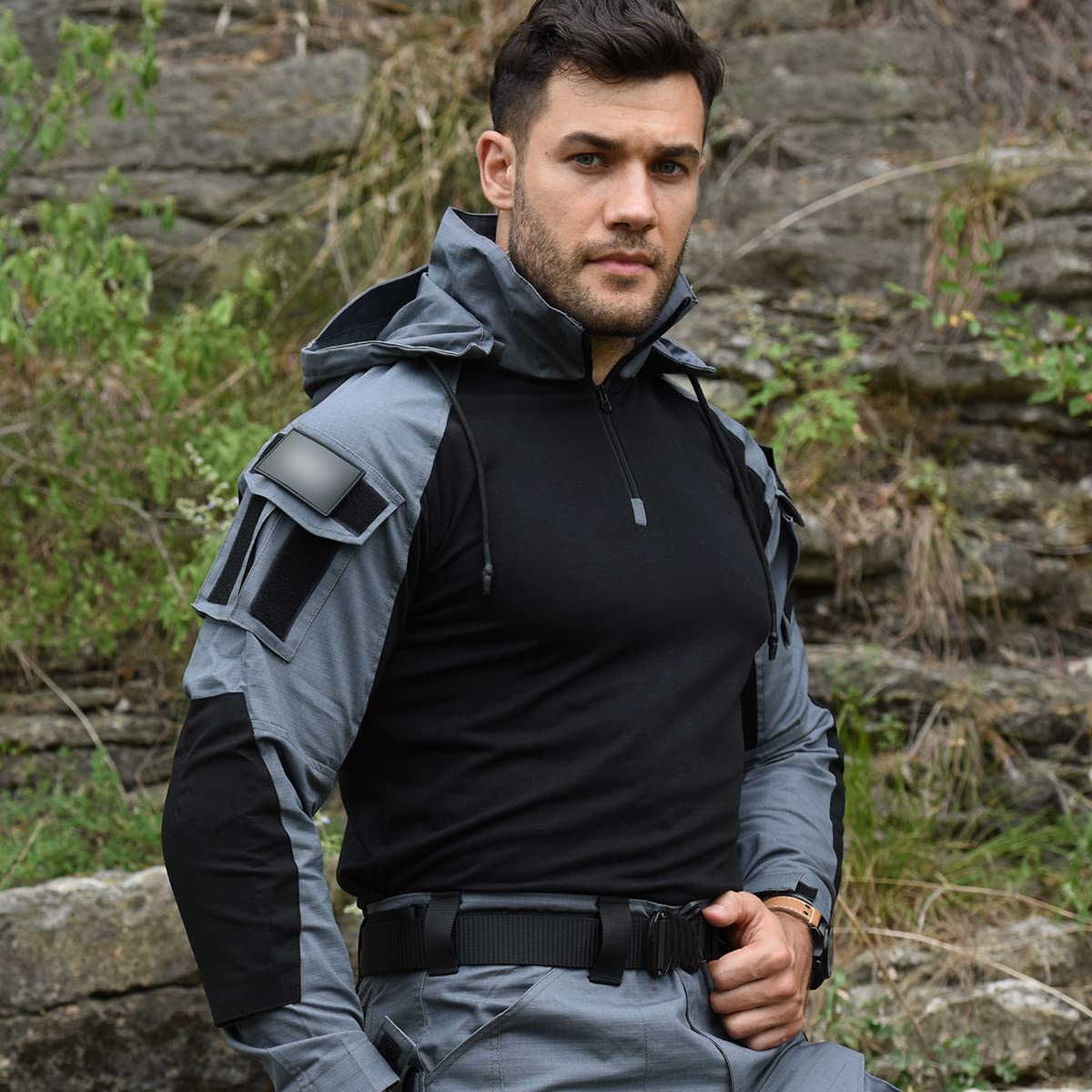 HAN·WILD Men's Tactical Shirt 1/4 Zip Long Sleeve Combat Airsoft Shirts with Elbow Pads Military T-Shirt with Hood